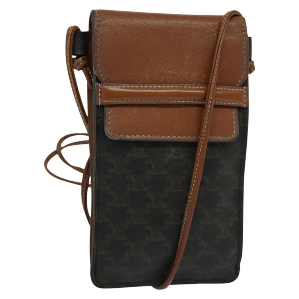 Authentic CELINE Triomphe Cell Phone Case Shoulder Bag PVC Black